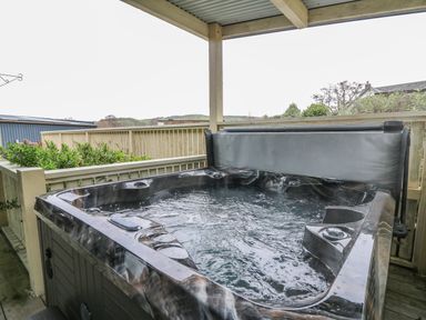 An outdoor covered area with a hot tub and railing with plants behind at Y Felin - Moana in Borth near Aberystwyth