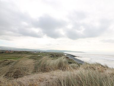 A sandy beach with tall grasses and a coastline with waves near a rural area with houses at Y Felin - Moana in Borth near Aberystwyth