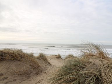 A sandy beach with dunes and grass by the sea under a cloudy sky at Y Felin - Moana in Borth near Aberystwyth