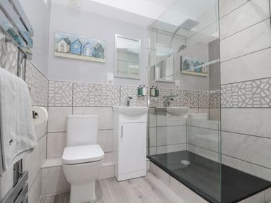 A bathroom with a toilet sink and a glass shower at White Rose Apartment in Filey