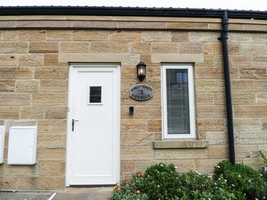 Exterior view of a stone cottage with a white door and window a lamp and garden in front at Kingfisher in Whitby