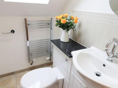 A bathroom with a white toilet a white sink with chrome faucet a black countertop with a white vase with yellow roses and a chrome towel radiator at Kingfisher in Whitby