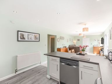 An open kitchen and living area with a kitchen island and dishwasher in the foreground and sofas and cabinets in the background at Kingfisher Lodge in Brandesburton
