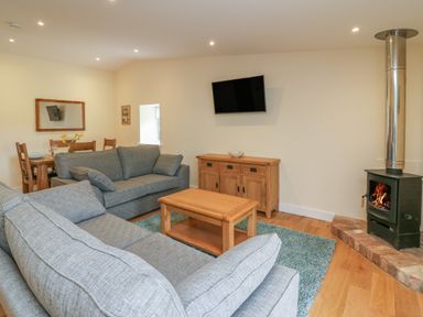 A living room with two gray sofas a wooden coffee table a wood-burning stove a wall-mounted TV a wooden sideboard and a dining table with chairs at Y Felin - Celyn in Borth