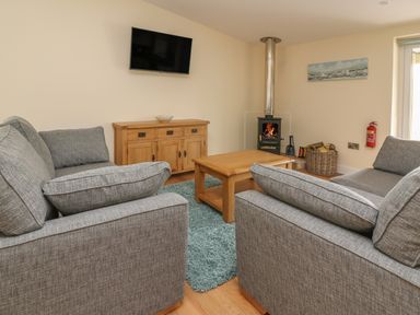 A living room with grey sofas a wooden coffee table a wood-burning stove and a wall-mounted tv at Y Felin - Celyn in Borth