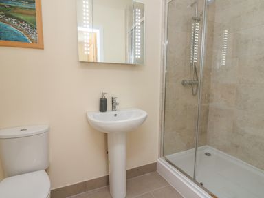 A bathroom with a toilet sink mirror and glass shower enclosure at Y Felin Celyn in Borth