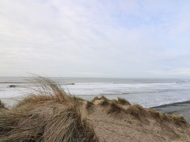 A sandy beach with dunes and grasses overlooking the sea at Y Felin - Celyn in Borth
