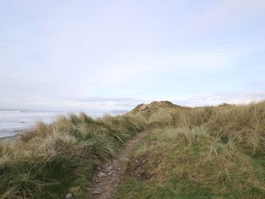 A coastal path through grassy dunes next to the sea at Y Felin - Celyn in Borth