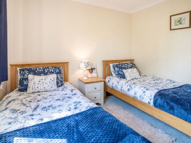 A bedroom with two single beds a bedside table with a lamp and a picture at Highbury in Spittal near Haverfordwest