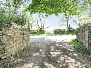 A gravel driveway flanked by stone walls leading to a country road with trees in the background at Highbury in Spittal near Haverfordwest