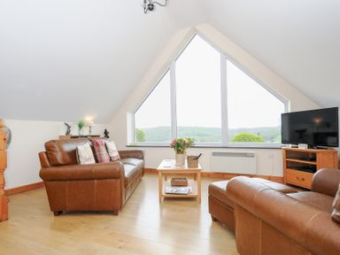 A living room with brown leather sofas a wooden coffee table and a large triangular window at Treview Launceston