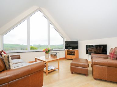 A living room with brown leather sofas a wooden coffee table a flat screen tv and large triangular window at Treview in Launceston