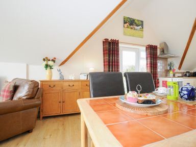 A dining table with cakes and tea set in a room with leather sofa wooden cabinets and kitchen area at Treview in Launceston