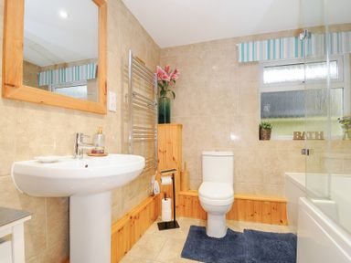 A bathroom with a pedestal sink mirror toilet blue rug and bathtub at Treview in Launceston