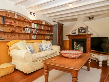A living room with a beige sofa and wooden bookshelf a coffee table with a wicker basket a fireplace and a television at The Pound in Trellech near Monmouth