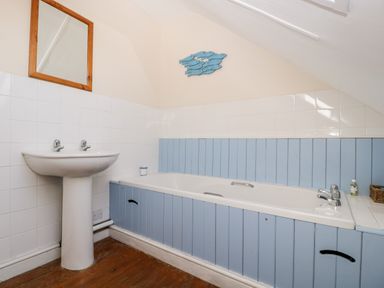 A bathroom with a pedestal sink a bathtub with blue paneling a mirror and wooden floor at The Pound in Trellech near Monmouth