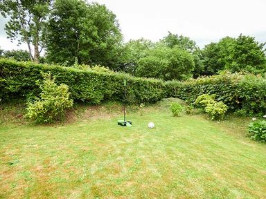 A grassy garden area with small shrubs and a hedge at Shepherds Rest in Jacobstow near Bude