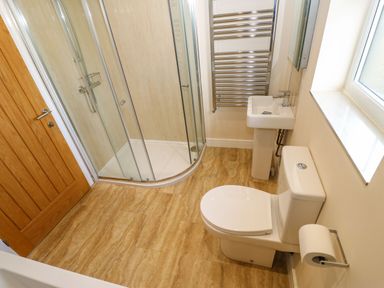 A bathroom with a corner shower enclosure a white toilet a sink with a mirror and a heated towel rail at Coquet Longframlington near Alnwick