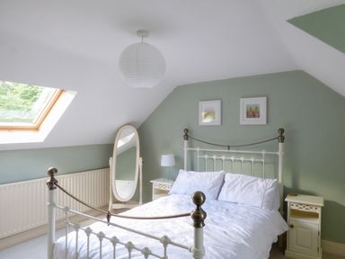A bedroom with a white metal bed frame white bedding two bedside tables a standing mirror and a skylight window at Woodbine Cottage in Old Leighlin near Kilkenny County Kilkenny