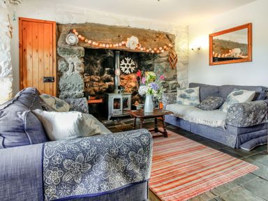 A living room with two blue patterned sofas a stone fireplace wood burner and a coffee table with flowers at Hwylfa'r Groes in Talybont near Barmouth