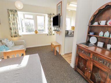 A living area with a sofa cushions and curtains a wooden cupboard and a wall mounted tv at Bryn Melyn Artists Cottage Llanelltyd near Dolgellau
