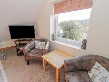 A sitting area with two armchairs a wooden table and a television near a window at Bryn Melyn Artists Cottage Llanelltyd near Dolgellau