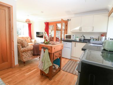 A kitchen with wooden island and appliances opening to a living area with patterned armchairs and red curtains at The Lodge in Coltishall