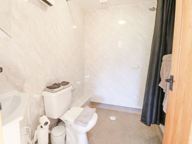A bathroom with a toilet a sink towels and a walk-in shower at The Lodge in Coltishall