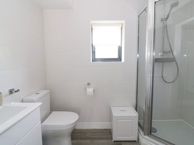 A bathroom with a toilet sink shower and small white storage box at Whitehands Farm Barn in Old Buckenham