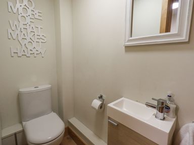 A small bathroom with a toilet a sink with a faucet and a mirror above at Yew Cottage in Backbarrow