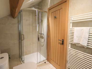A bathroom with a glass shower enclosure a wooden door a white toilet and a towel radiator with a towel at Yew Cottage in Backbarrow