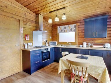 A kitchen with blue cabinets wooden walls and ceiling a dining table with chairs and appliances at Harbottle Lodge Longframlington near Alnwick