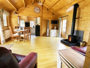 A wooden living room with a dining table and chairs a stove and a television at Acorn Lodge in Saxmundham