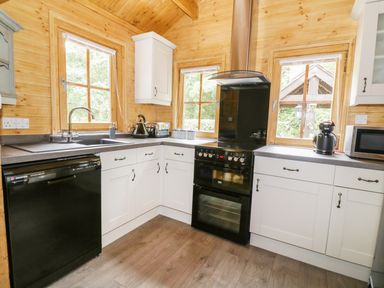 A kitchen with white cabinets black appliances and wooden walls at Acorn Lodge in Saxmundham