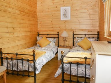 A bedroom with two single beds a nightstand with a lamp and a dresser at Acorn Lodge in Saxmundham