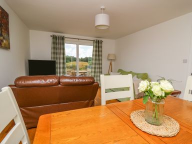 A living room with a brown leather sofa, green curtains, a green sofa, wooden table with flowers in a glass jar at Foxes Meadow in Howey near Llandrindod Wells