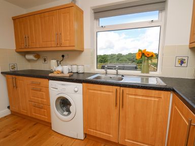 A kitchen with wooden cabinets a washing machine a sink and a window showing trees at Foxes Meadow in Howey near Llandrindod Wells