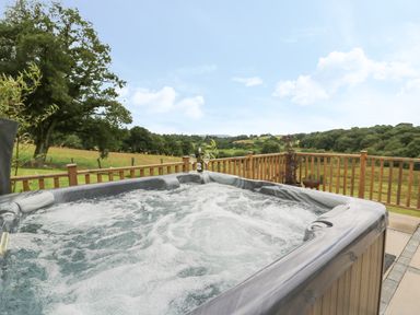 An outdoor hot tub on a patio with wooden railing overlooking a green field at Pheasant Wood in Howey near Llandrindod Wells