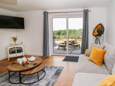 A living room with a sofa a coffee table with teapot and cups a floor lamp and sliding glass door leading to a patio at Pheasant Wood in Howey near Llandrindod Wells