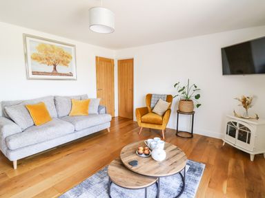 A living room with a gray sofa with yellow cushions a yellow armchair wooden coffee tables and a wall-mounted TV at Pheasant Wood in Howey near Llandrindod Wells