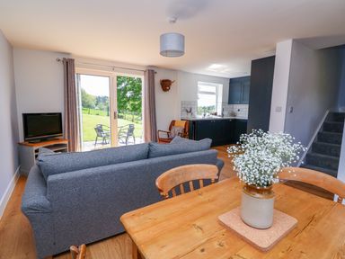 A living room with a grey sofa a wooden dining table with flowers a tv and a kitchen area at Owl Cottage in Llandrindod Wells