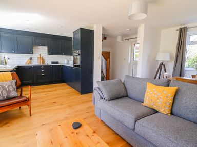 A living room with a grey sofa and yellow cushion next to a kitchen with dark cabinets at Owl Cottage in Llandrindod Wells