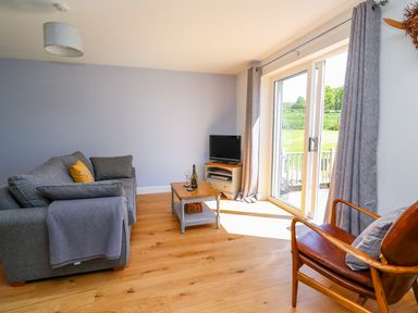 A living room with a gray sofa a wooden coffee table a small TV on a stand a leather armchair and sliding glass doors with gray curtains at Owl Cottage in Llandrindod Wells