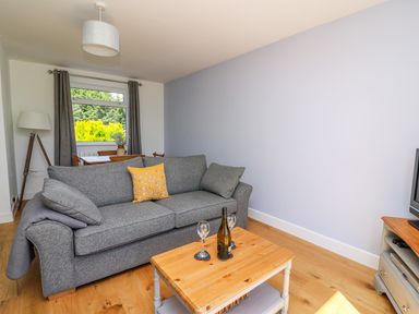 A living room with a grey sofa a yellow cushion a wooden coffee table with a bottle and two glasses and a dining table with chairs near a window at Owl Cottage in Llandrindod Wells