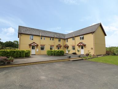A two story yellow building with four doors and several windows surrounded by shrubbery and a paved driveway at Owl Cottage in Llandrindod Wells