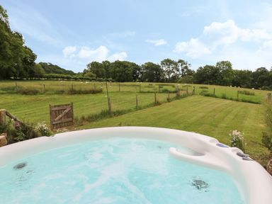 An outdoor hot tub overlooking a fenced grassy field with trees and a wooden gate at Owl Cottage in Llandrindod Wells