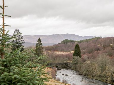 A river flowing under a stone bridge surrounded by trees and hills at Wildcat Lodge in Newtonmore
