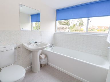 A bathroom with a toilet sink bathtub and a window with a blue roller blind at Swan Dyke Cottage Horning near Wroxham