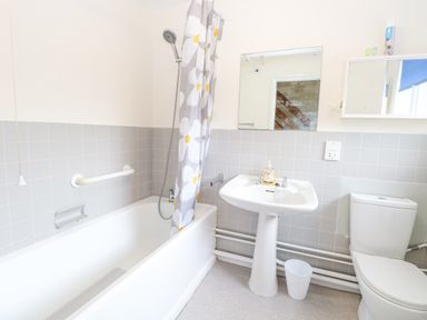 A bathroom with a bathtub shower fixture and curtain a sink mirror and toilet at Swan Dyke Cottage in Horning near Wroxham