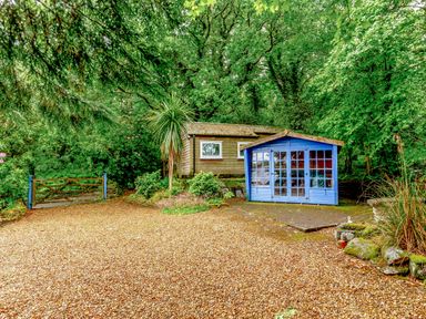 A gravel driveway with a wooden gate next to a small brown house and a blue garden shed surrounded by trees at Westside Cottage in Cardinham near Bodmin